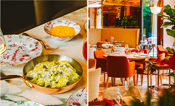 Assiette de pâtes fraîches, salle du restaurant Il Ristorante Niko Romito et pâtisserie au brunch italien du Bvlgari Hôtel Paris.